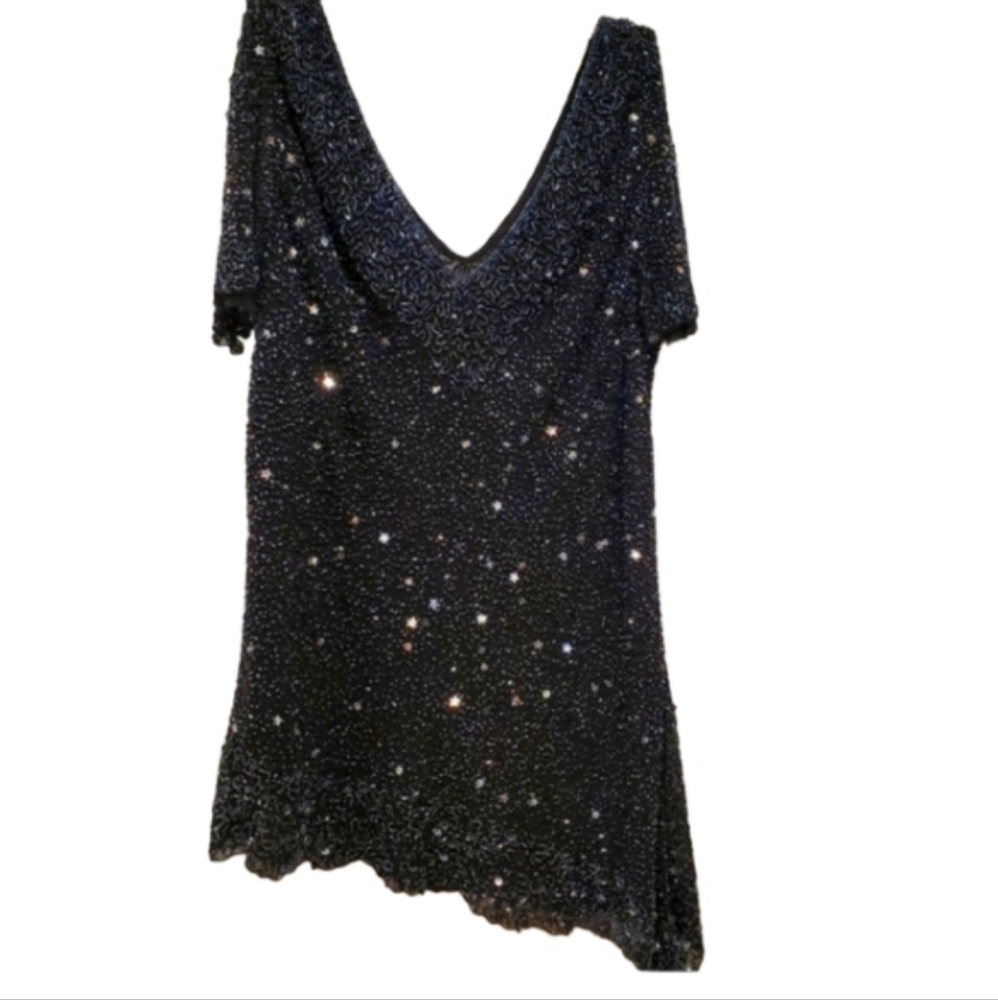 Adriana Papel Boutique Lined Fully Beaded Blouse V neck Fancy 100% silk S